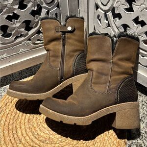 Stylish Brown Heeled Boots with Faux Fur Trim